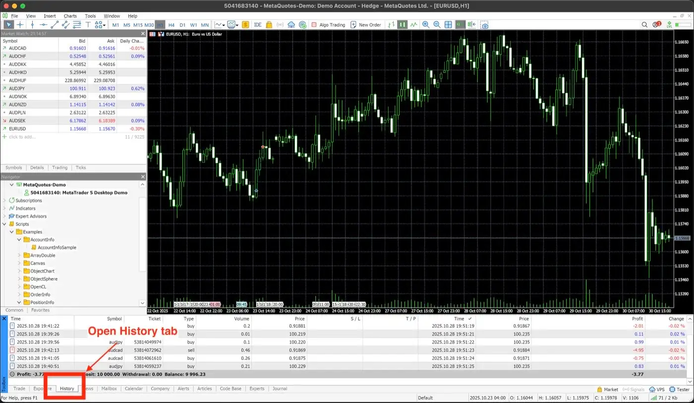 MetaTrader 5 Terminal with the History tab selected