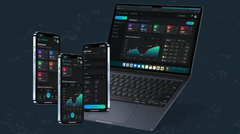 TradeReview on mobile and web TradeReview journal on iPhone, Android, and laptop — dashboard, add trade, and daily P&L