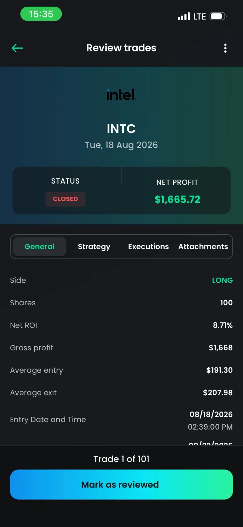 Screenshot: TradeReview iOS Review Session A Review Session on iPhone