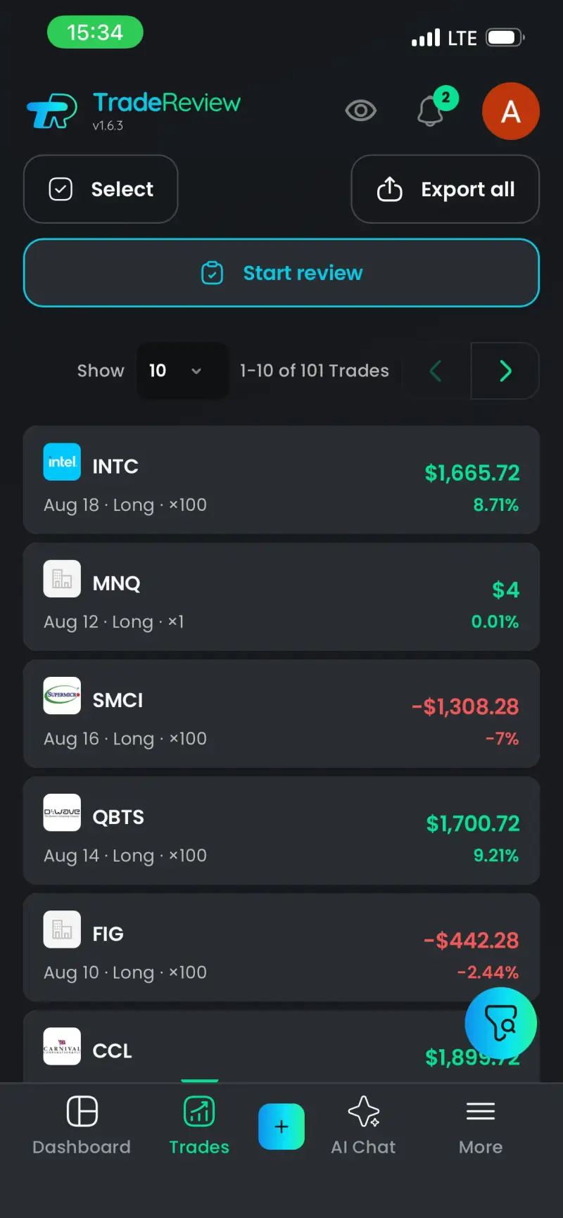 Screenshot: TradeReview iOS trades list TradeReview trades list on iPhone