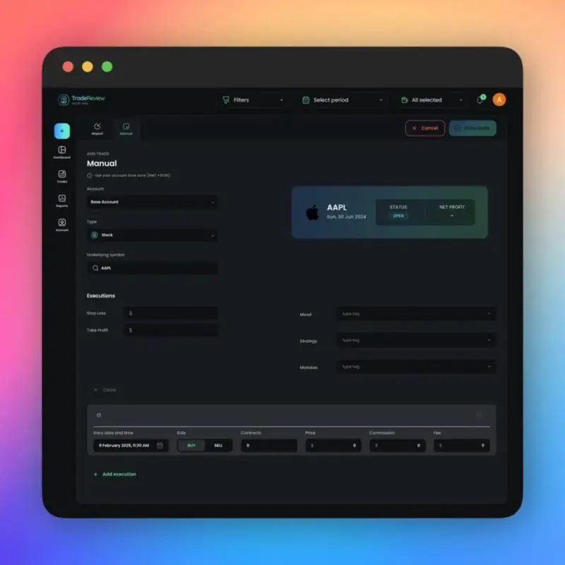 TradeReview screen for adding and logging trades