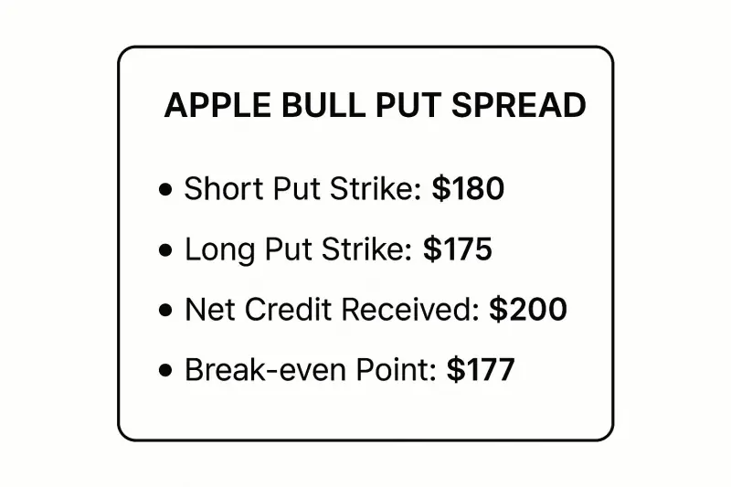 Apple (AAPL) bull put spread: $180/$175 strikes, $2.00 credit, $200 max profit, $300 max risk.