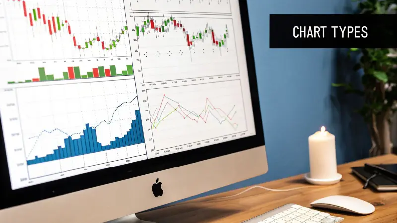 Stock chart types showing line, bar, and candlestick views
