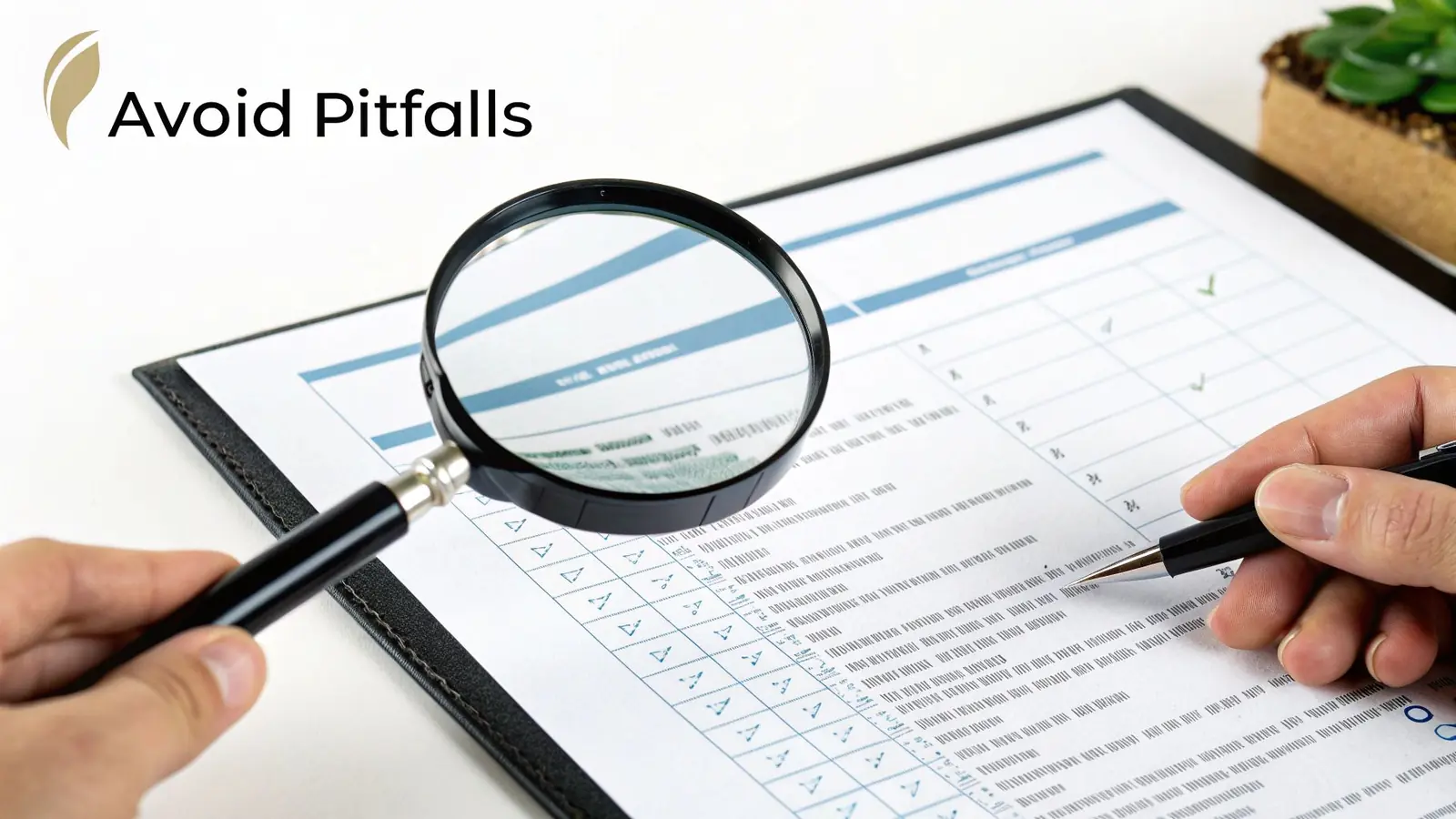A person uses a magnifying glass and pen to review a document with checkboxes, emphasizing careful examination.