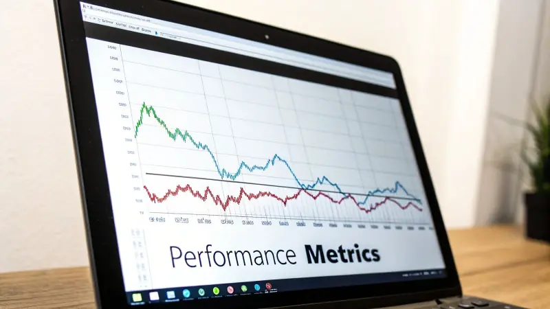 A laptop displays a 'Performance Metrics' line graph with green, blue, and red data trends on a white background.