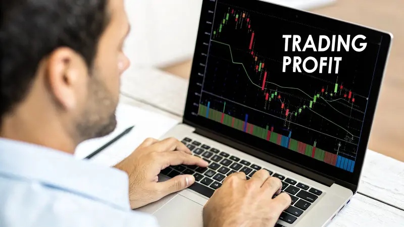 A trader analyzing profit and loss charts on a computer screen.