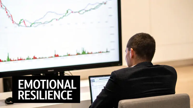 Calm focus in front of a fluctuating chart — mental control over volatility