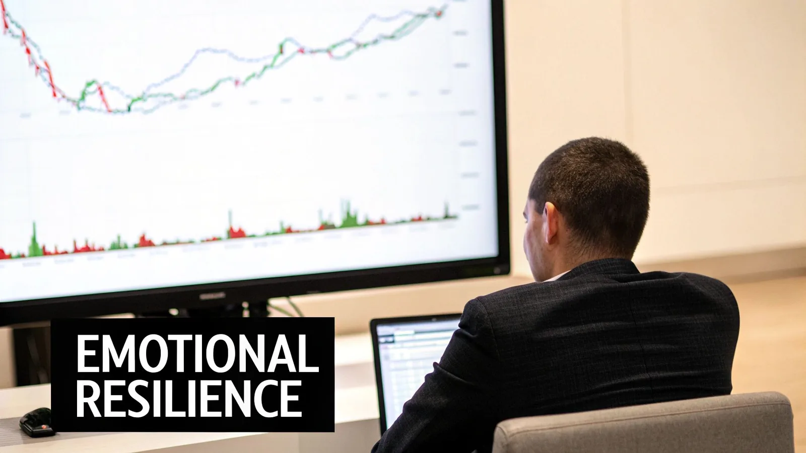 Calm focus in front of a fluctuating chart — mental control over volatility