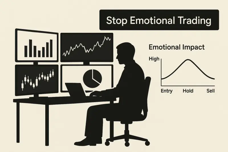Trader at a desk surrounded by screens, with the text 'Stop Emotional Trading'.
