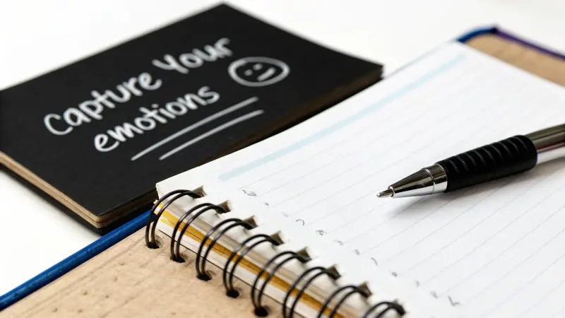 A person writing thoughtful notes in a journal with a laptop nearby showing trading charts.
