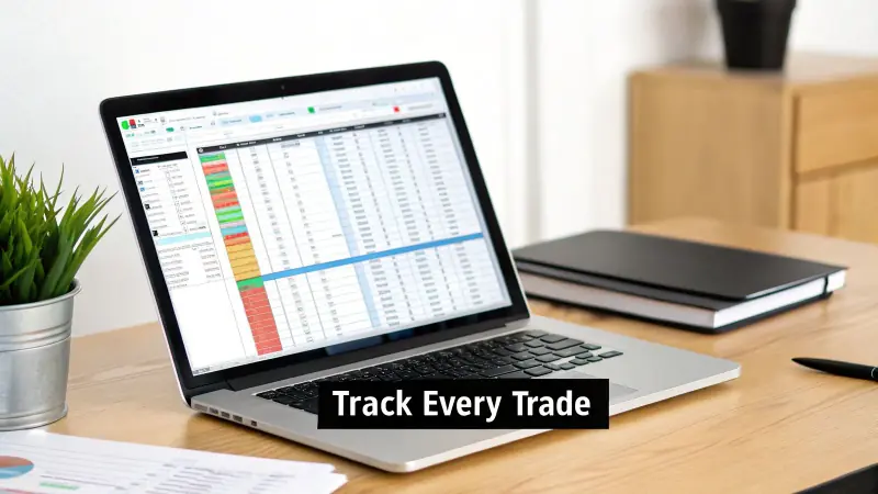 A spreadsheet on a laptop screen showing a trading journal with various columns and data entries.