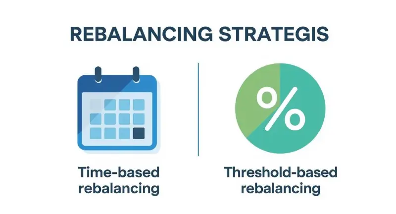 Time-based versus threshold-based portfolio rebalancing: calendar schedule vs drift from target weights.