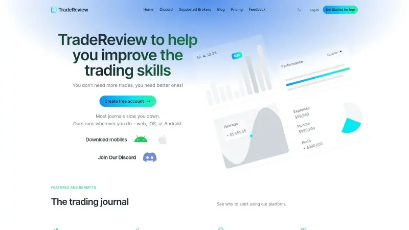 Screenshot: TradeReview analytics dashboard TradeReview dashboard showing analytics, equity curve, and recent trades
