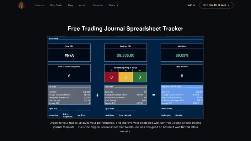 WealthBee Google Sheets trading journal with trade log and performance summary