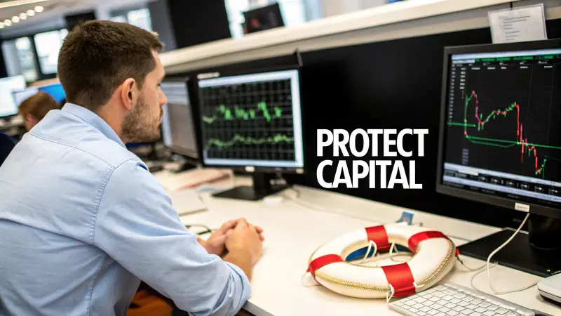 A trader analyzing charts on a computer screen, symbolizing careful risk management.