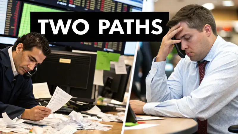 Stressed trader versus a calm, focused trader — two approaches to risk.