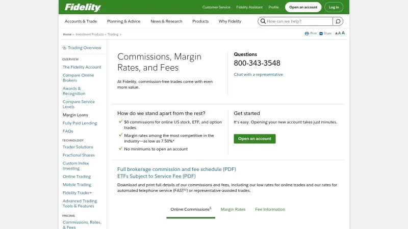 Fidelity Investments commission and fee schedule page showing $0 commission for online US stock, ETF, and options trades