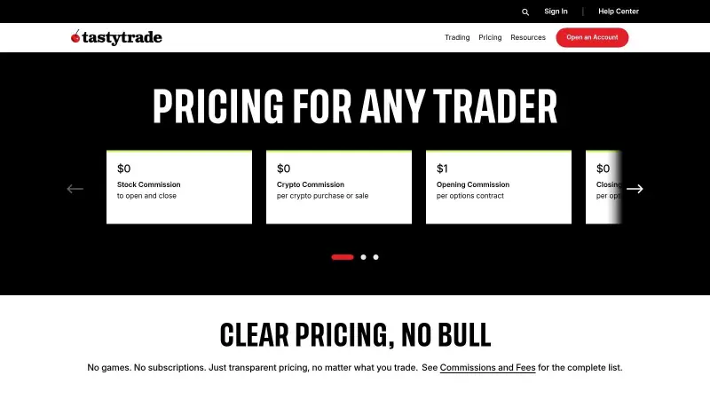 tastytrade pricing page highlighting key fees for options, stocks, and futures