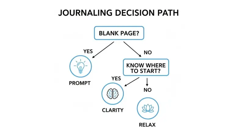 A journaling decision path flowchart guiding users from a blank page to prompt, clarity, or relaxation.