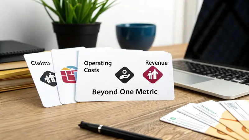 Business cards on a wooden desk showing 'Claims,' 'Operating Costs,' and 'Revenue' with 'Beyond One Metric' title.