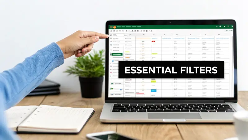 A hand points to a laptop screen displaying a spreadsheet and 'ESSENTIAL FILTERS', highlighting data filtering.