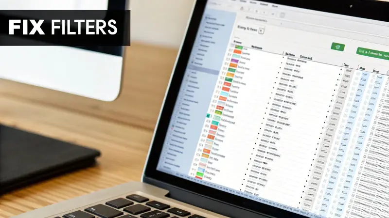 A laptop screen displays a data management application, possibly a pivot table, with 'FIX FILTERS' text.
