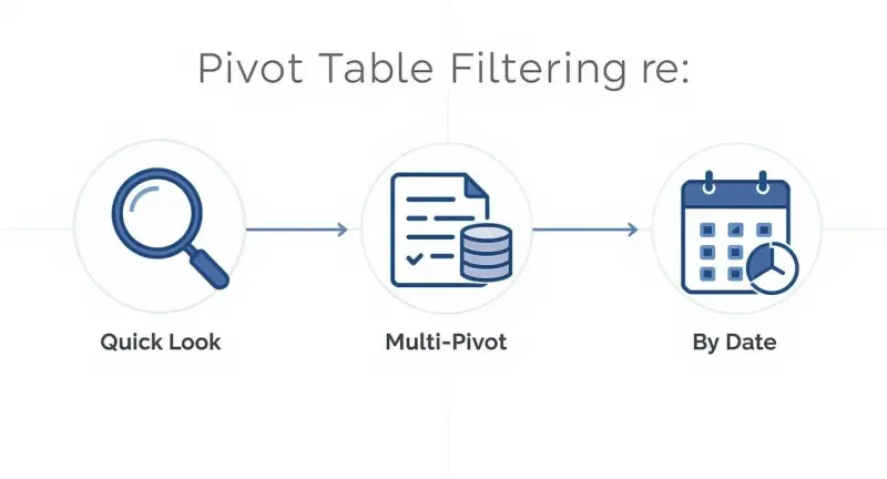 A diagram illustrating three pivot table filtering options: Quick Look, Multi-Pivot, and By Date.