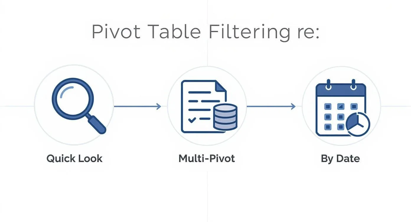 A diagram illustrating three pivot table filtering options: Quick Look, Multi-Pivot, and By Date.