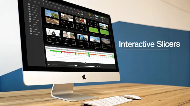 An Apple iMac displays a video editing timeline with clips, on a desk, next to 'Interactive Slicers'.