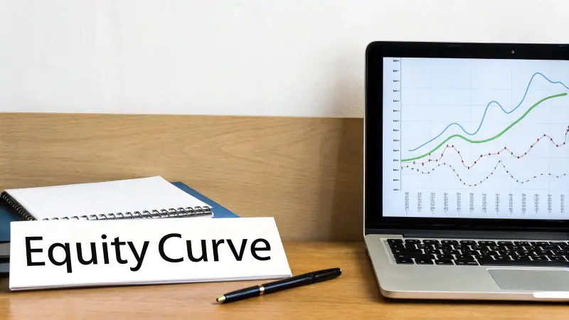 Laptop displaying an equity curve financial graph, with a sign and pen on a wooden desk.
