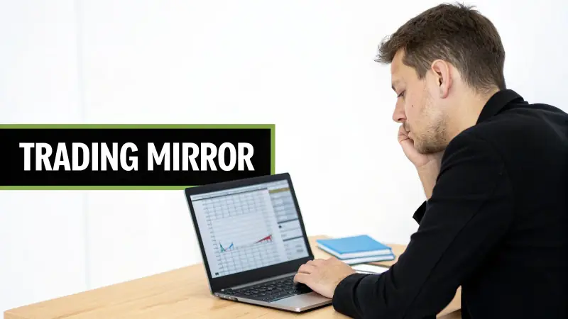 A man in a black jacket looks at a laptop displaying financial charts, with 'TRADING MIRROR' text.