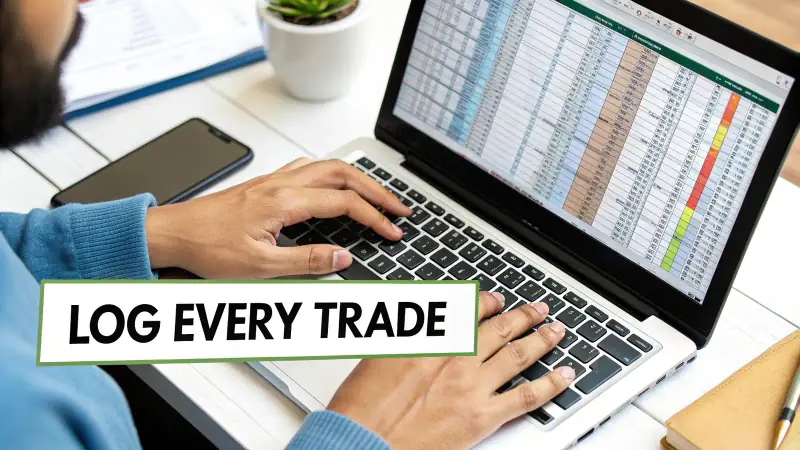 Person typing on a laptop with a trading journal spreadsheet open, emphasizing logging trades.