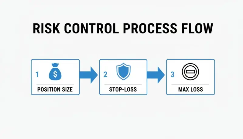 A diagram illustrating a risk control process flow for trading with three steps: position size, stop-loss, and max loss.