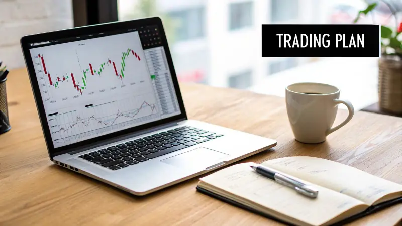 A laptop displays trading charts next to a coffee cup, notebook, and pen on a wooden desk with a 'TRADING PLAN' banner.