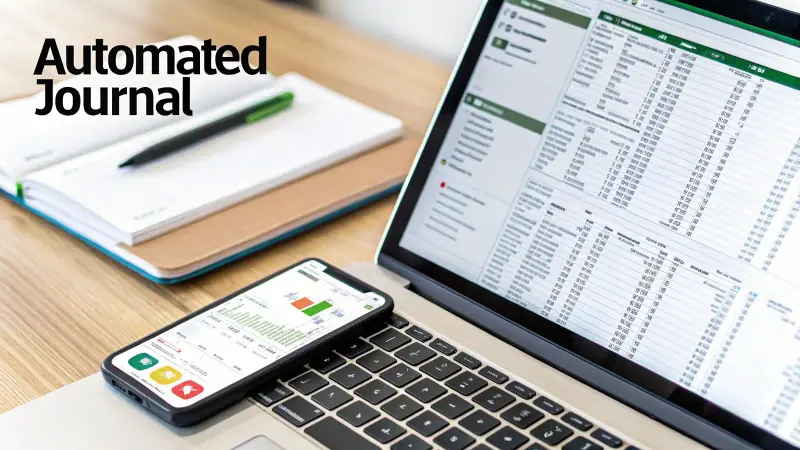 A laptop, smartphone, and notebook with a pen on a wooden desk, displaying financial data.