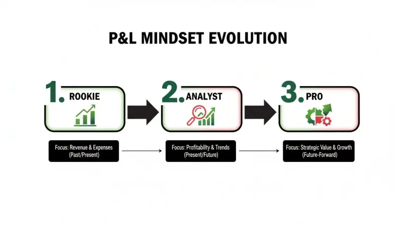 P&L mindset from Rookie to Analyst to Pro, and what each stage tracks financially.