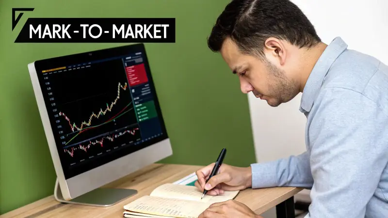 A man analyzing financial data on a computer screen and writing notes, with 'MARK-TO-MARKET' text.