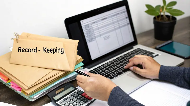 A person works on a laptop and calculator, with files labeled 'Record - Keeping' for financial management.
