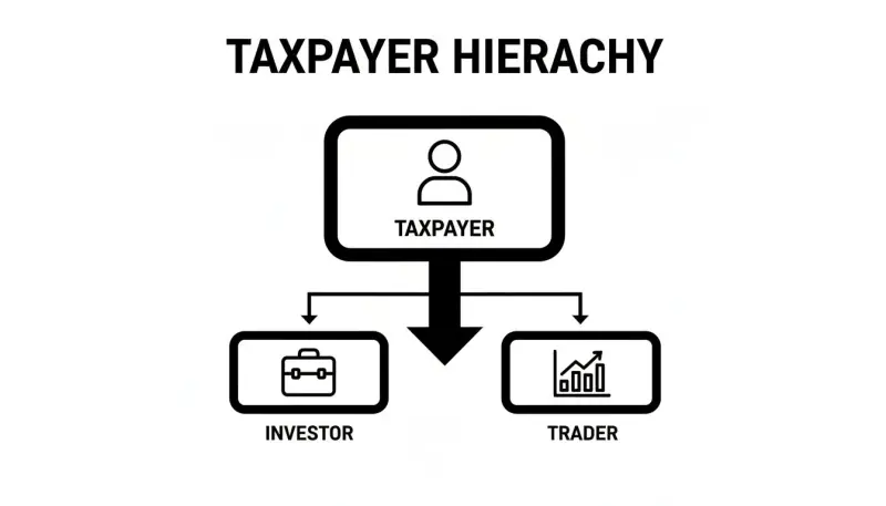 Hierarchy chart: Taxpayer at top, branching into Investor (briefcase) and Trader (chart).