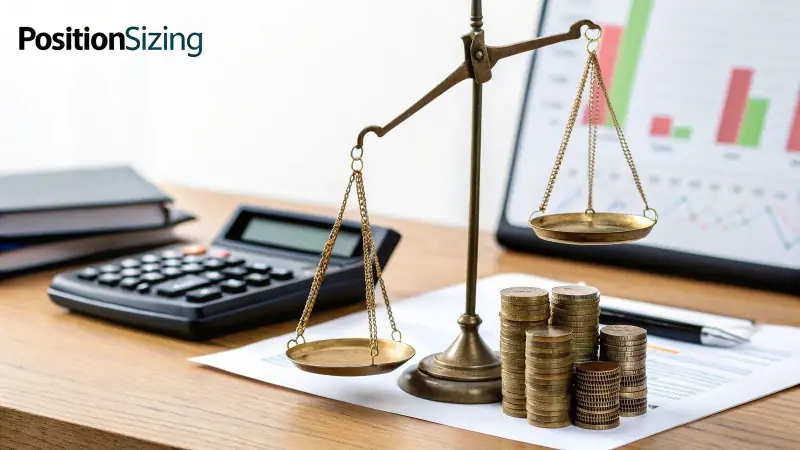 A desk with a balance scale, stacked coins, calculator, books, and a tablet showing financial charts.