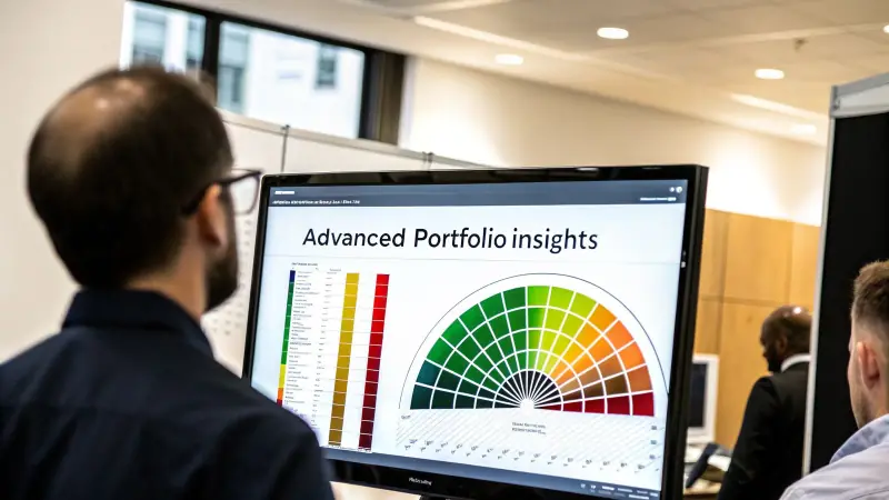 A person views a computer monitor displaying advanced portfolio insights with colorful financial charts and data.