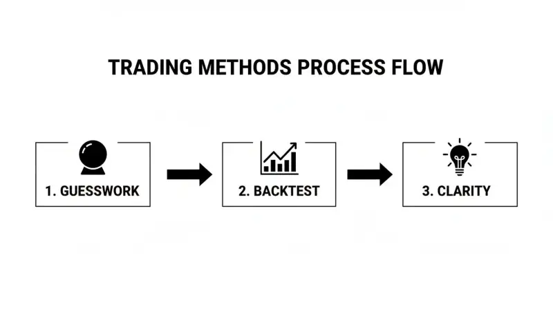 A diagram illustrating the trading methods process flow: 1. Guesswork, 2. Backtest, 3. Clarity.