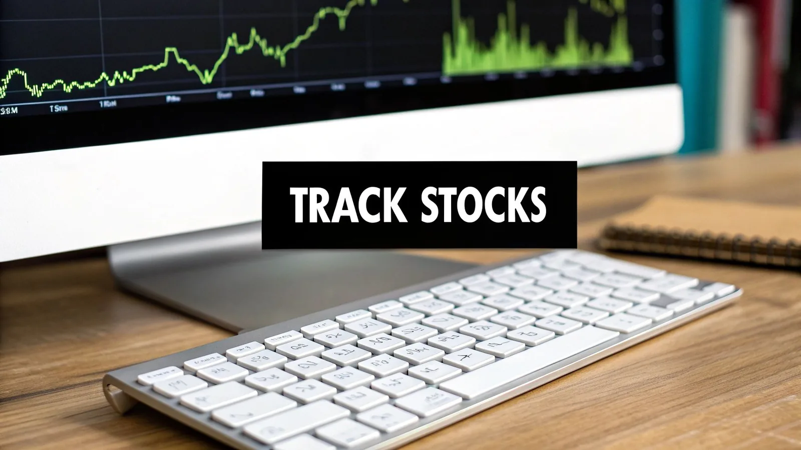 Overhead view of hands typing on a laptop, displaying a stock tracking spreadsheet.