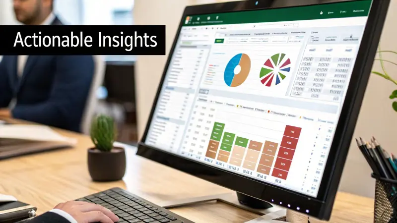 A person views a computer screen displaying a business dashboard with charts and data for analysis.