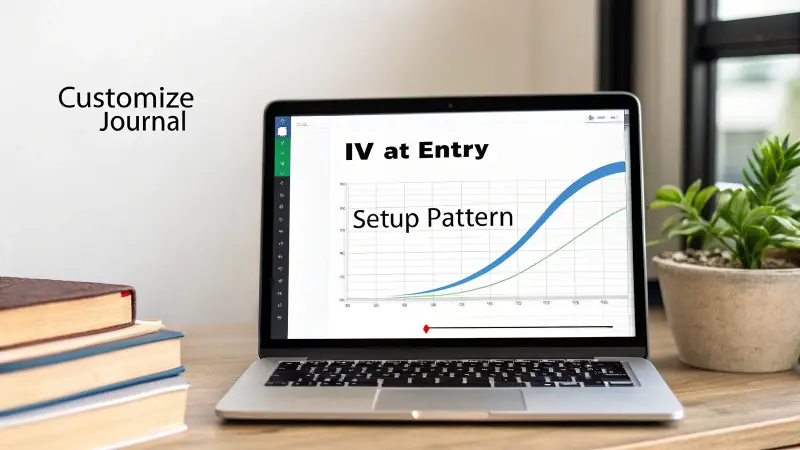A laptop displays a trading journal graph titled 'IV at Entry' on a desk with stacked books.