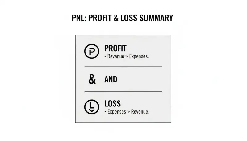 A PNL summary explaining profit as revenue greater than expenses, and loss as expenses greater than revenue.