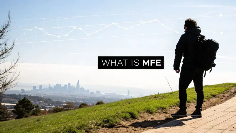 Man with a backpack looking at a city skyline and financial graph, with 'WHAT IS MFE' text.