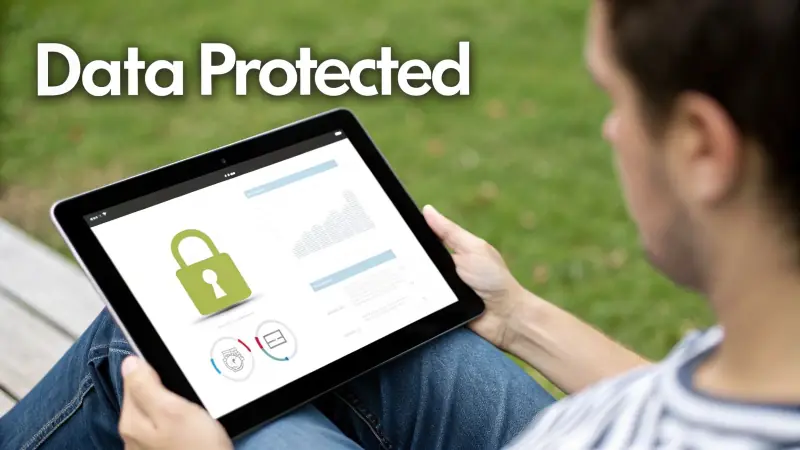A person holds a tablet displaying a green padlock icon, charts, and the text 'Data Protected'.