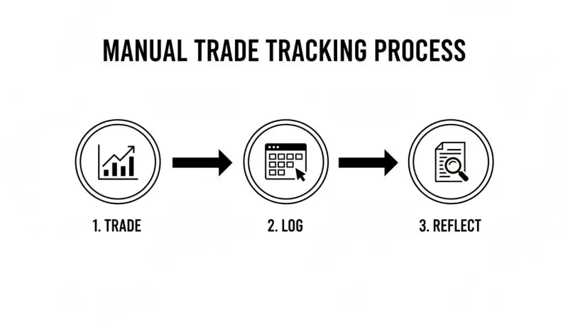 Flowchart outlining the manual trade tracking process with icons for trade, log, and reflect.