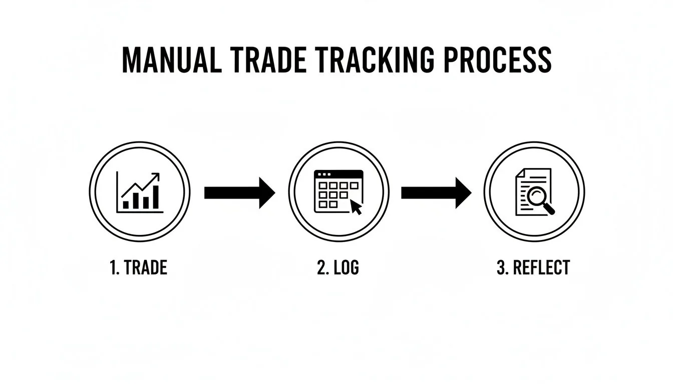 Flowchart outlining the manual trade tracking process with icons for trade, log, and reflect.